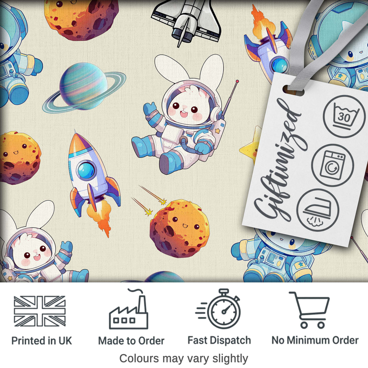Bunny Astronaut Cat Space Rockets Planets Stars Seamless  Cream Background Digital Print Fabric by the Metre UK Sewing Quilting Textile