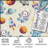 Bunny Astronaut Cat Space Rockets Planets Stars Seamless  Cream Background Digital Print Fabric by the Metre UK Sewing Quilting Textile