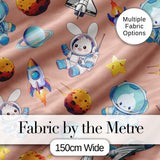 Bunny Astronaut Cat Space Rockets Planets Stars Seamless  Peach Background Digital Print Fabric by the Metre UK Sewing Quilting Textile