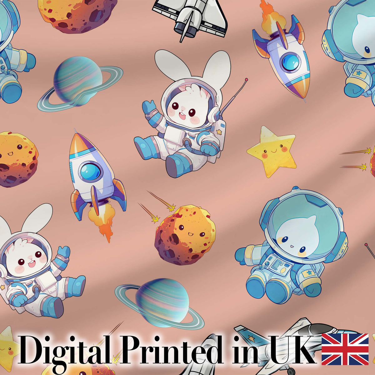 Bunny Astronaut Cat Space Rockets Planets Stars Seamless  Peach Background Digital Print Fabric by the Metre UK Sewing Quilting Textile