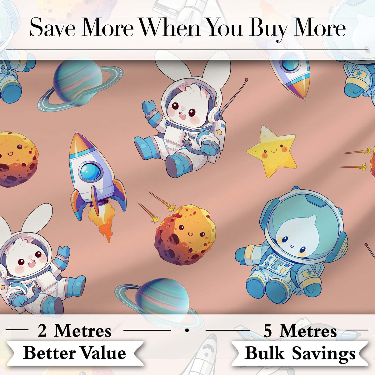 Bunny Astronaut Cat Space Rockets Planets Stars Seamless  Peach Background Digital Print Fabric by the Metre UK Sewing Quilting Textile