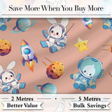 Bunny Astronaut Cat Space Rockets Planets Stars Seamless  Peach Background Digital Print Fabric by the Metre UK Sewing Quilting Textile