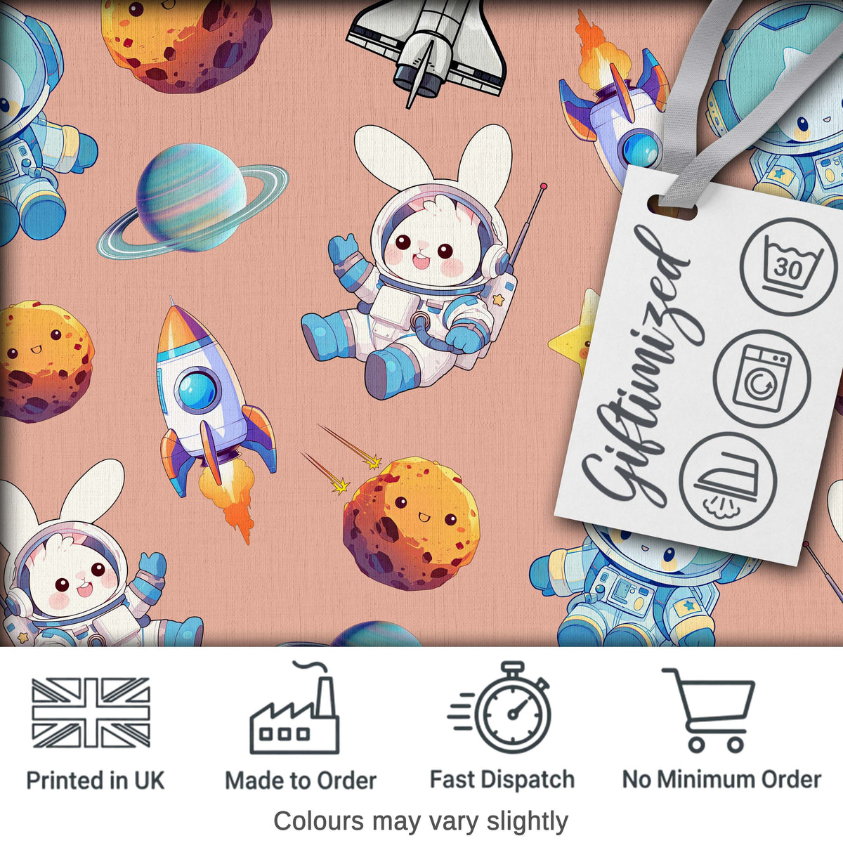 Bunny Astronaut Cat Space Rockets Planets Stars Seamless  Peach Background Digital Print Fabric by the Metre UK Sewing Quilting Textile