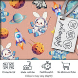 Bunny Astronaut Cat Space Rockets Planets Stars Seamless  Peach Background Digital Print Fabric by the Metre UK Sewing Quilting Textile