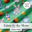 Bunny Astronaut Cat Space Rockets Planets Stars Seamless  Green Background Digital Print Fabric by the Metre UK Sewing Quilting Textile