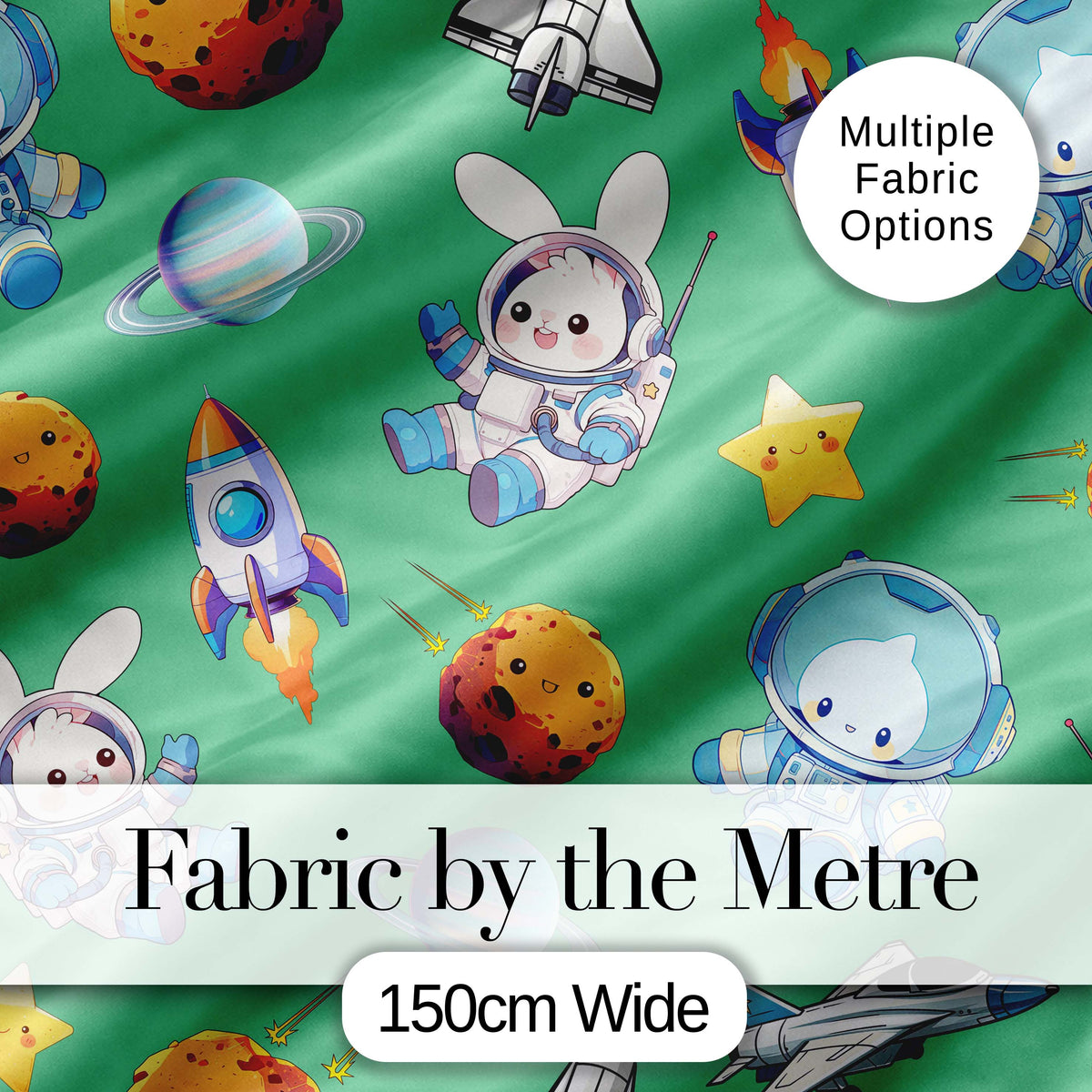 Bunny Astronaut Cat Space Rockets Planets Stars Seamless  Green Background Digital Print Fabric by the Metre UK Sewing Quilting Textile