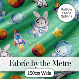 Bunny Astronaut Cat Space Rockets Planets Stars Seamless  Green Background Digital Print Fabric by the Metre UK Sewing Quilting Textile