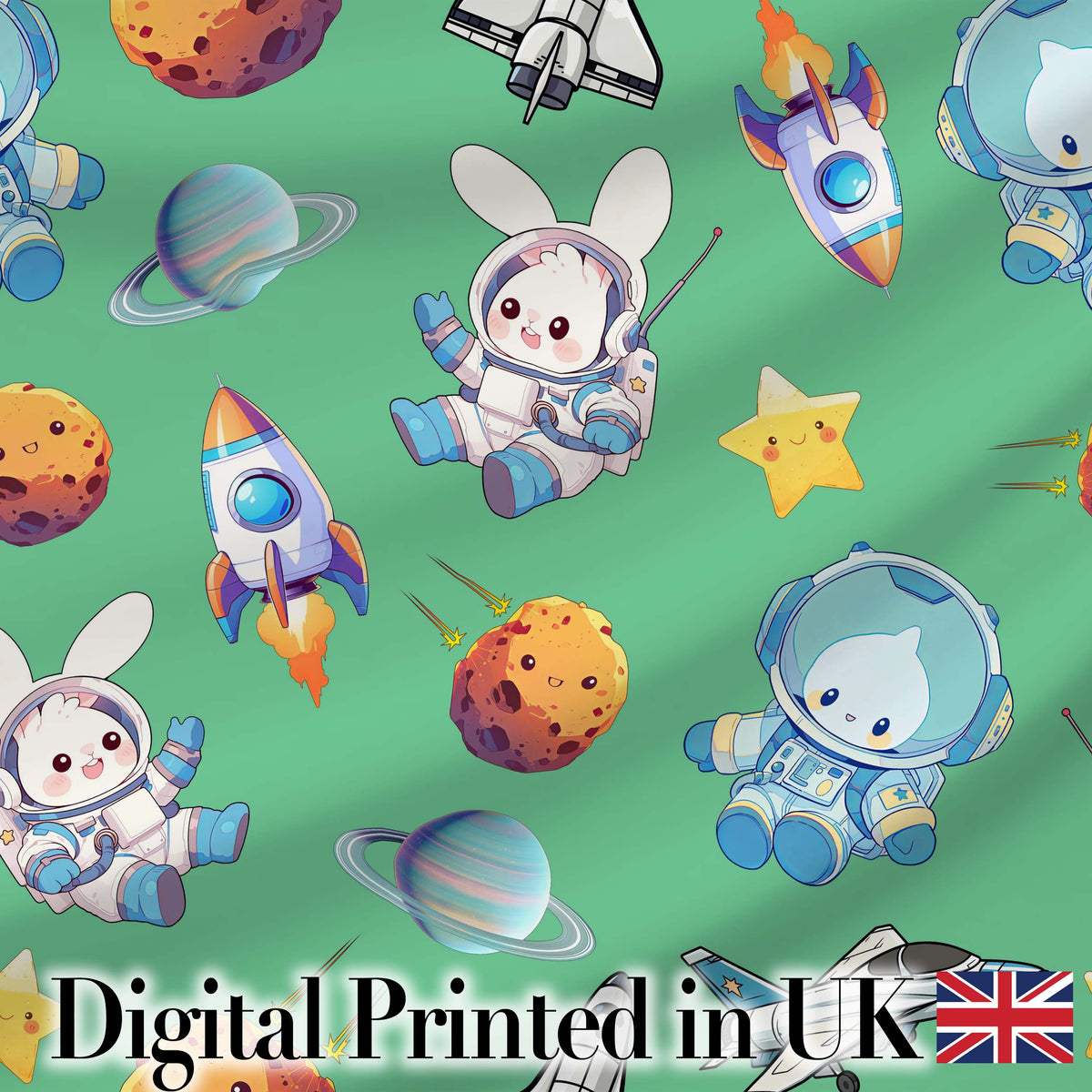Bunny Astronaut Cat Space Rockets Planets Stars Seamless  Green Background Digital Print Fabric by the Metre UK Sewing Quilting Textile