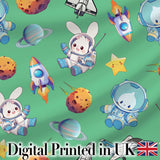 Bunny Astronaut Cat Space Rockets Planets Stars Seamless  Green Background Digital Print Fabric by the Metre UK Sewing Quilting Textile
