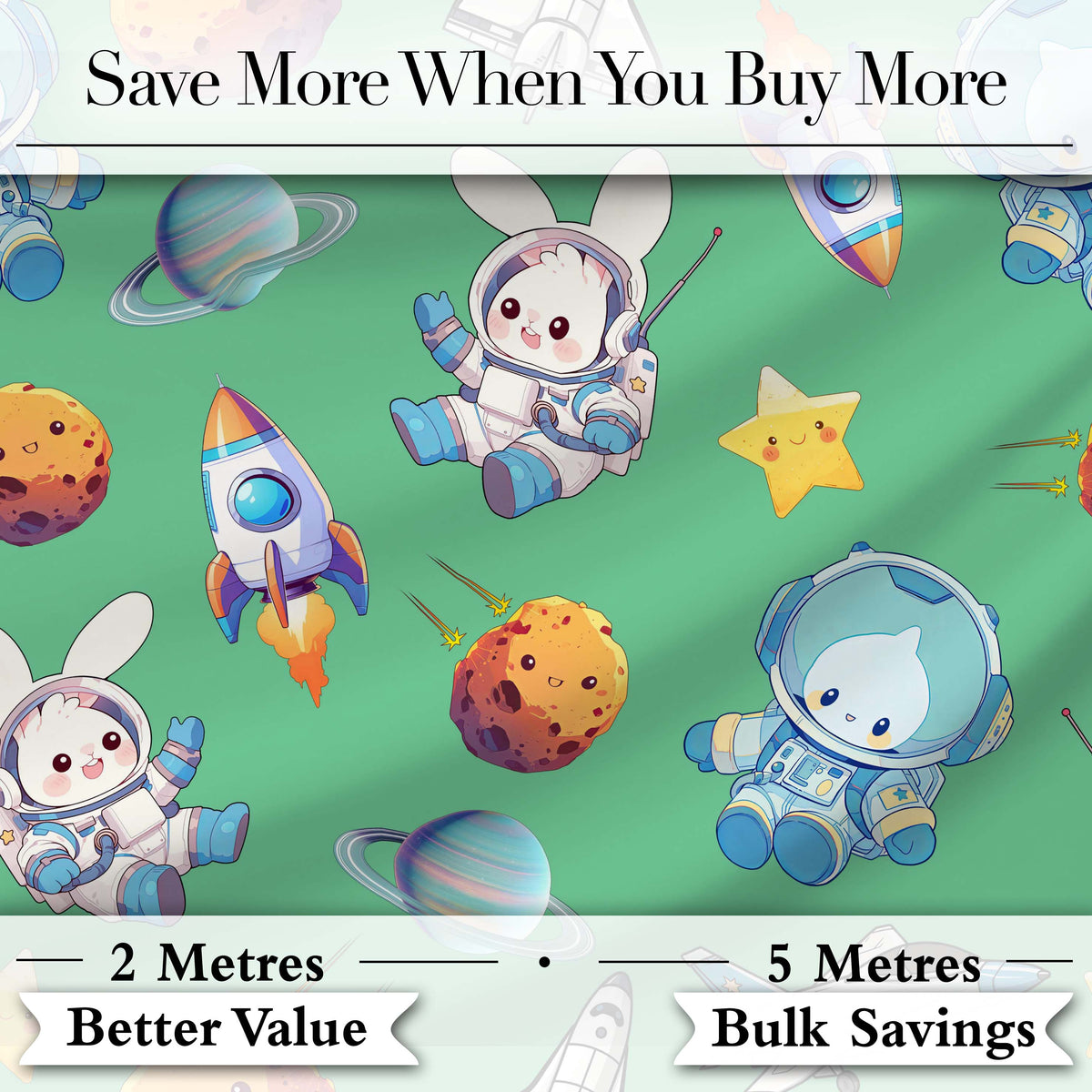 Bunny Astronaut Cat Space Rockets Planets Stars Seamless  Green Background Digital Print Fabric by the Metre UK Sewing Quilting Textile