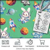Bunny Astronaut Cat Space Rockets Planets Stars Seamless  Green Background Digital Print Fabric by the Metre UK Sewing Quilting Textile