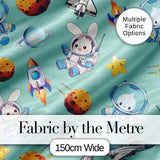 Bunny Astronaut Cat Space Rockets Planets Stars Seamless  Teal Background Digital Print Fabric by the Metre UK Sewing Quilting Textile