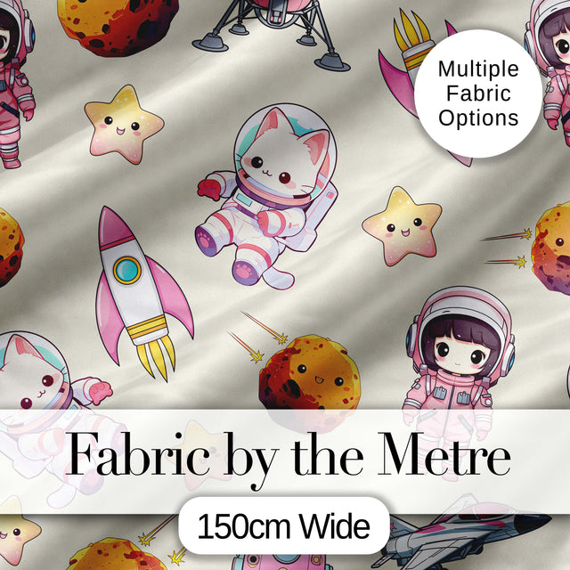 Cat Astronaut Girl Rockets Stars Space Seamless  Cream Background Digital Print Fabric by the Metre UK Sewing Quilting Textile