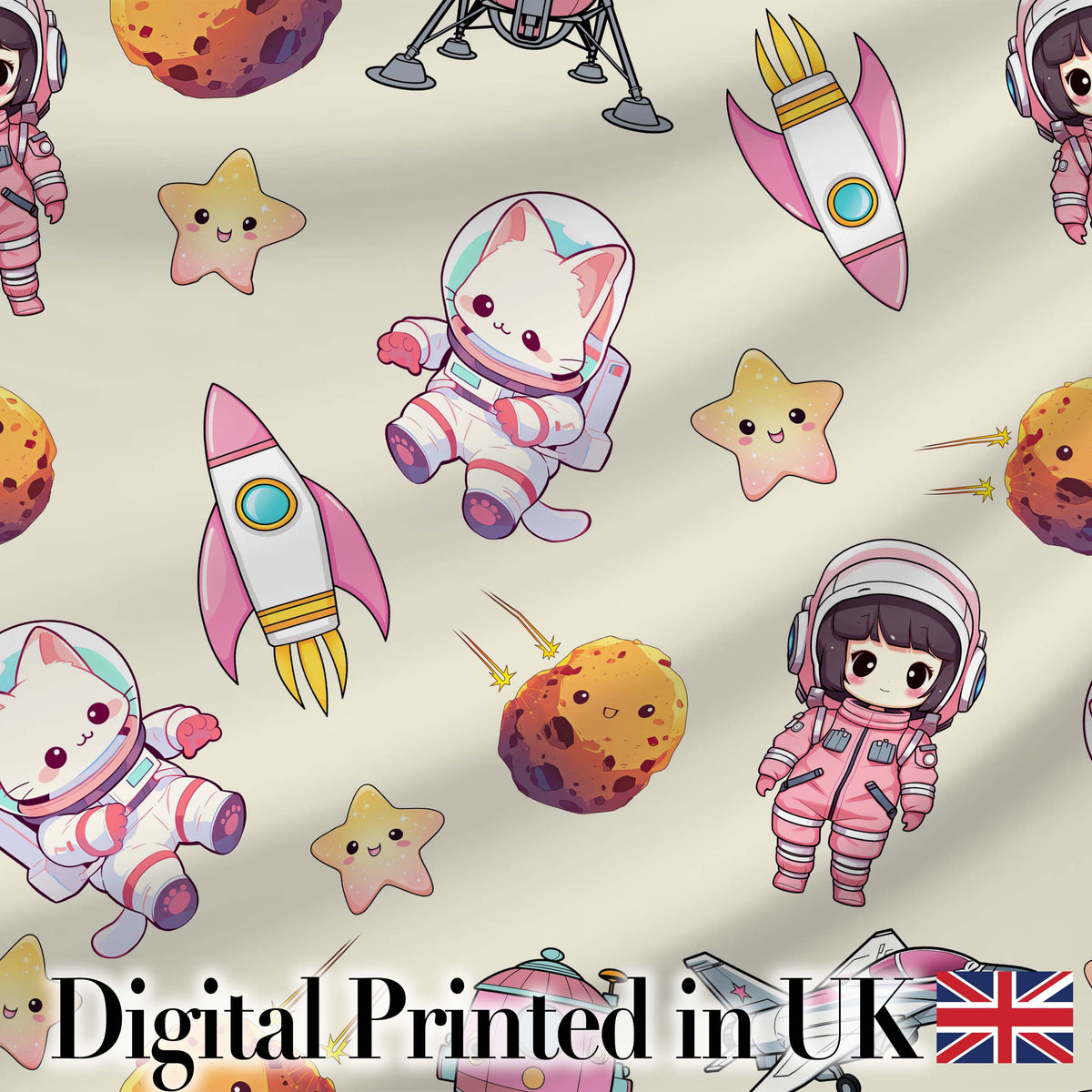 Cat Astronaut Girl Rockets Stars Space Seamless  Cream Background Digital Print Fabric by the Metre UK Sewing Quilting Textile