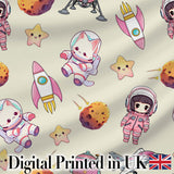 Cat Astronaut Girl Rockets Stars Space Seamless  Cream Background Digital Print Fabric by the Metre UK Sewing Quilting Textile