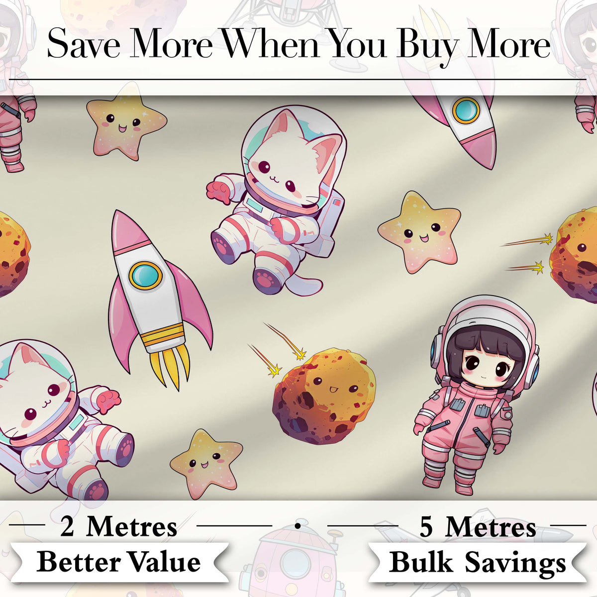 Cat Astronaut Girl Rockets Stars Space Seamless  Cream Background Digital Print Fabric by the Metre UK Sewing Quilting Textile