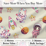 Cat Astronaut Girl Rockets Stars Space Seamless  Cream Background Digital Print Fabric by the Metre UK Sewing Quilting Textile