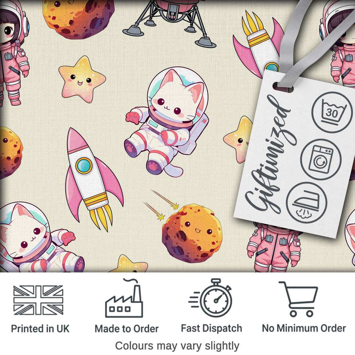 Cat Astronaut Girl Rockets Stars Space Seamless  Cream Background Digital Print Fabric by the Metre UK Sewing Quilting Textile