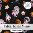 Cat Astronaut Girl Rockets Stars Space Seamless  Black Background Digital Print Fabric by the Metre UK Sewing Quilting Textile