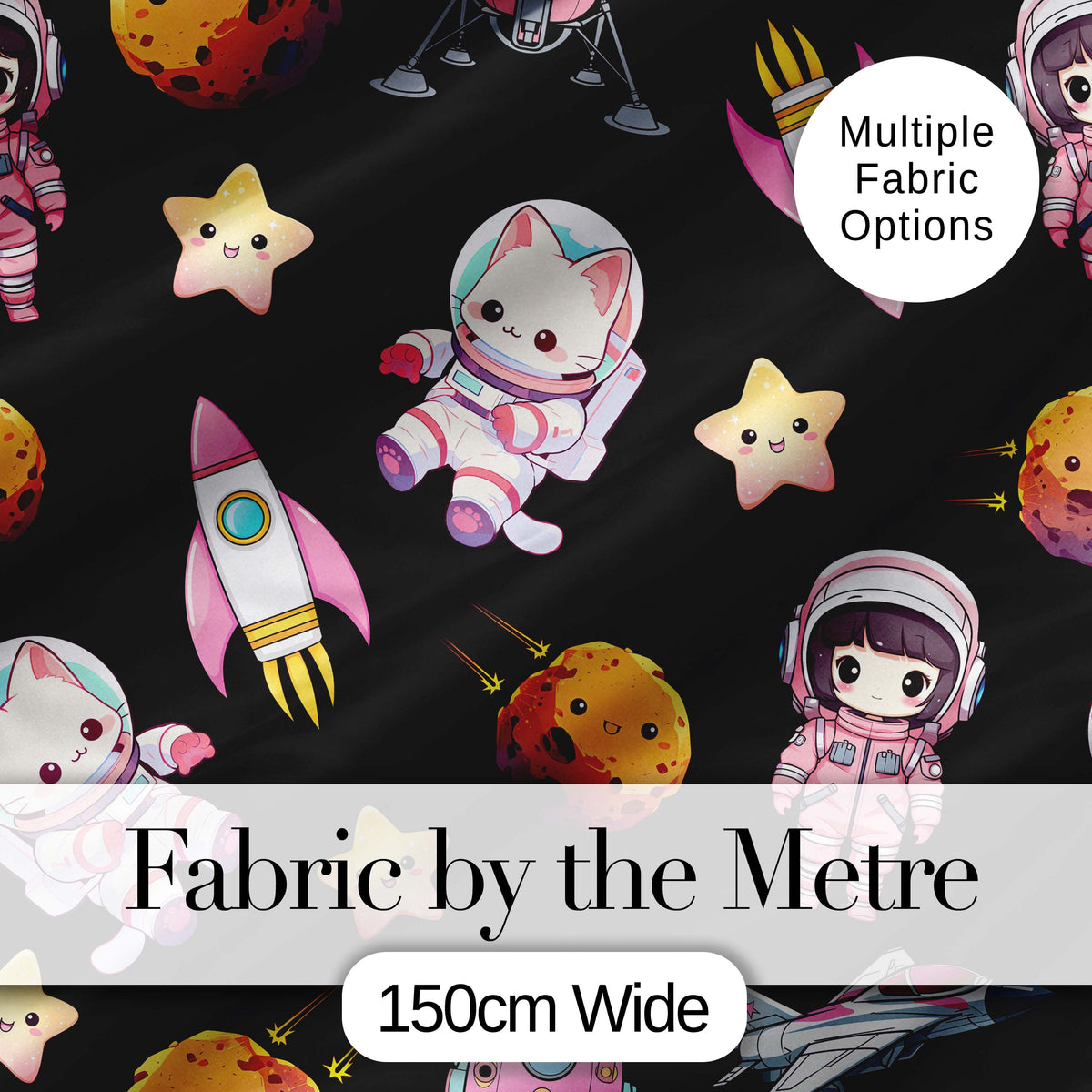 Cat Astronaut Girl Rockets Stars Space Seamless  Black Background Digital Print Fabric by the Metre UK Sewing Quilting Textile