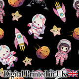 Cat Astronaut Girl Rockets Stars Space Seamless  Black Background Digital Print Fabric by the Metre UK Sewing Quilting Textile