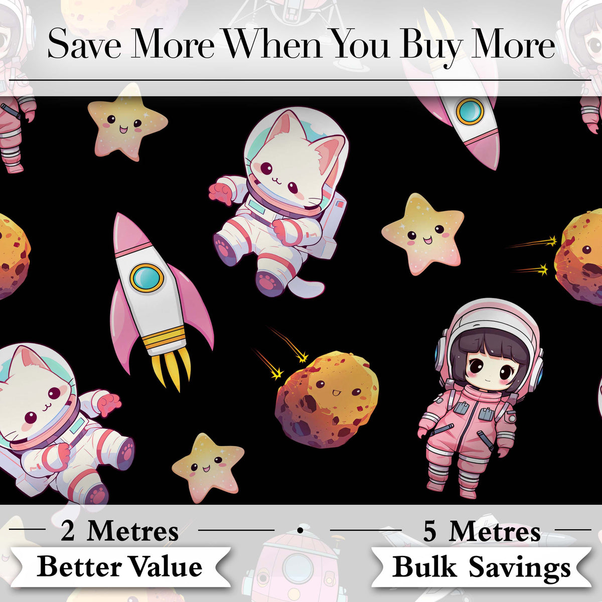 Cat Astronaut Girl Rockets Stars Space Seamless  Black Background Digital Print Fabric by the Metre UK Sewing Quilting Textile