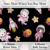 Cat Astronaut Girl Rockets Stars Space Seamless  Black Background Digital Print Fabric by the Metre UK Sewing Quilting Textile