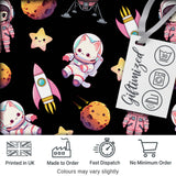 Cat Astronaut Girl Rockets Stars Space Seamless  Black Background Digital Print Fabric by the Metre UK Sewing Quilting Textile