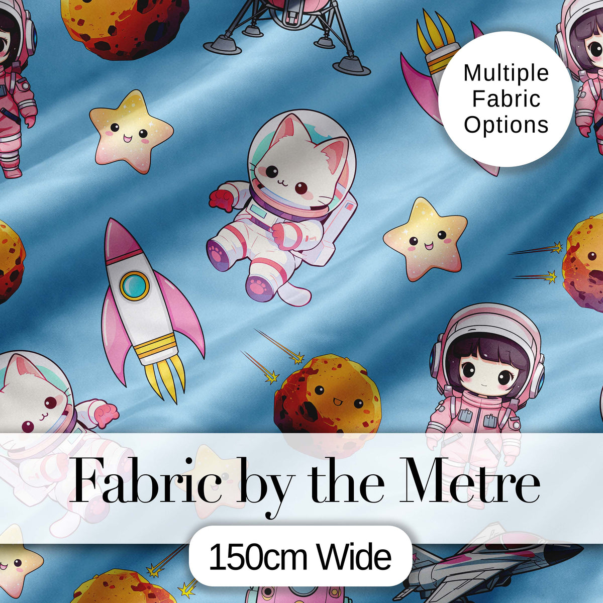 Cat Astronaut Girl Rockets Stars Space Seamless  Blue Background Digital Print Fabric by the Metre UK Sewing Quilting Textile