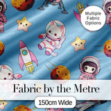 Cat Astronaut Girl Rockets Stars Space Seamless  Blue Background Digital Print Fabric by the Metre UK Sewing Quilting Textile