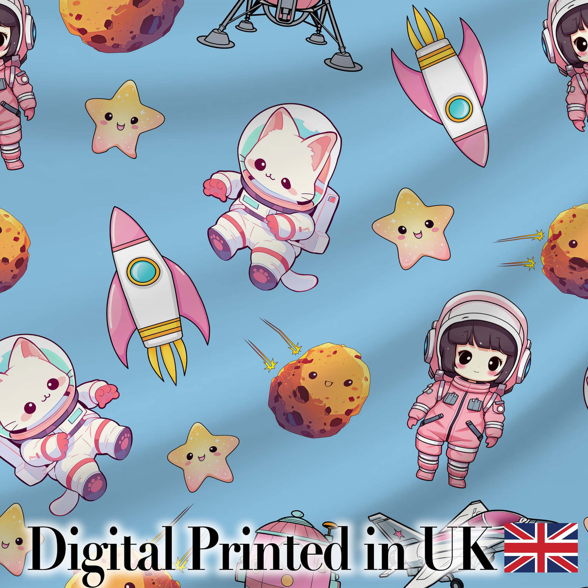 Cat Astronaut Girl Rockets Stars Space Seamless  Blue Background Digital Print Fabric by the Metre UK Sewing Quilting Textile