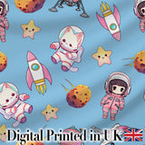 Cat Astronaut Girl Rockets Stars Space Seamless  Blue Background Digital Print Fabric by the Metre UK Sewing Quilting Textile