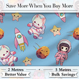 Cat Astronaut Girl Rockets Stars Space Seamless  Blue Background Digital Print Fabric by the Metre UK Sewing Quilting Textile