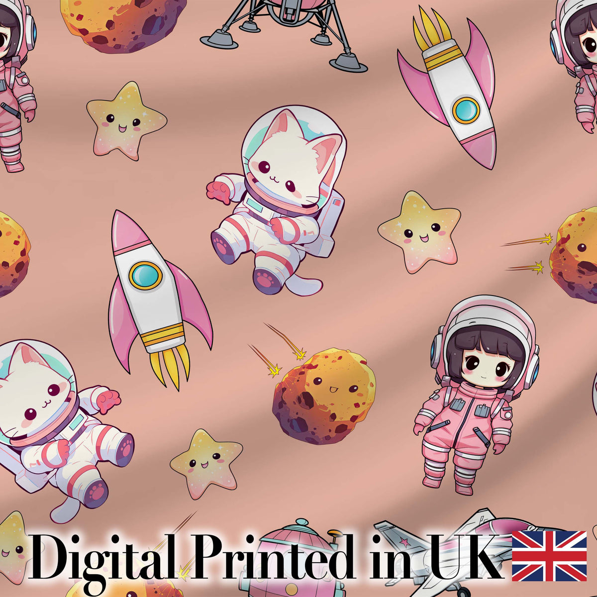 Cat Astronaut Girl Rockets Stars Space Seamless  Peach Background Digital Print Fabric by the Metre UK Sewing Quilting Textile