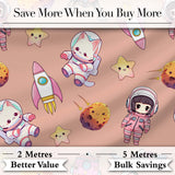 Cat Astronaut Girl Rockets Stars Space Seamless  Peach Background Digital Print Fabric by the Metre UK Sewing Quilting Textile