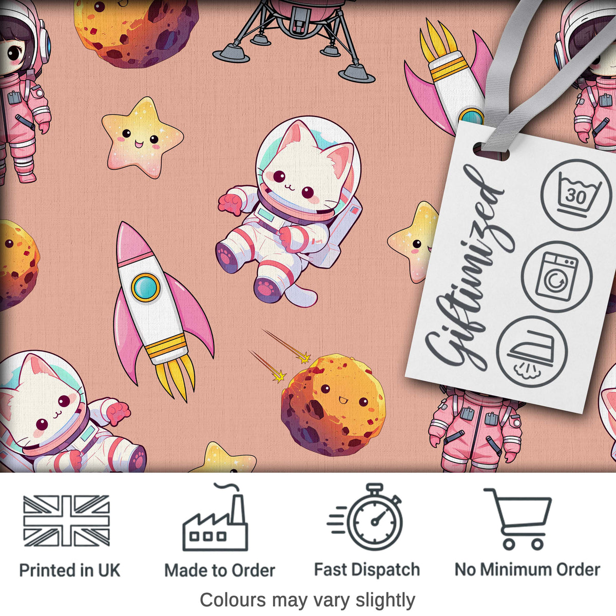 Cat Astronaut Girl Rockets Stars Space Seamless  Peach Background Digital Print Fabric by the Metre UK Sewing Quilting Textile