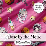 Cat Astronaut Girl Rockets Stars Space Seamless  Pink Background Digital Print Fabric by the Metre UK Sewing Quilting Textile