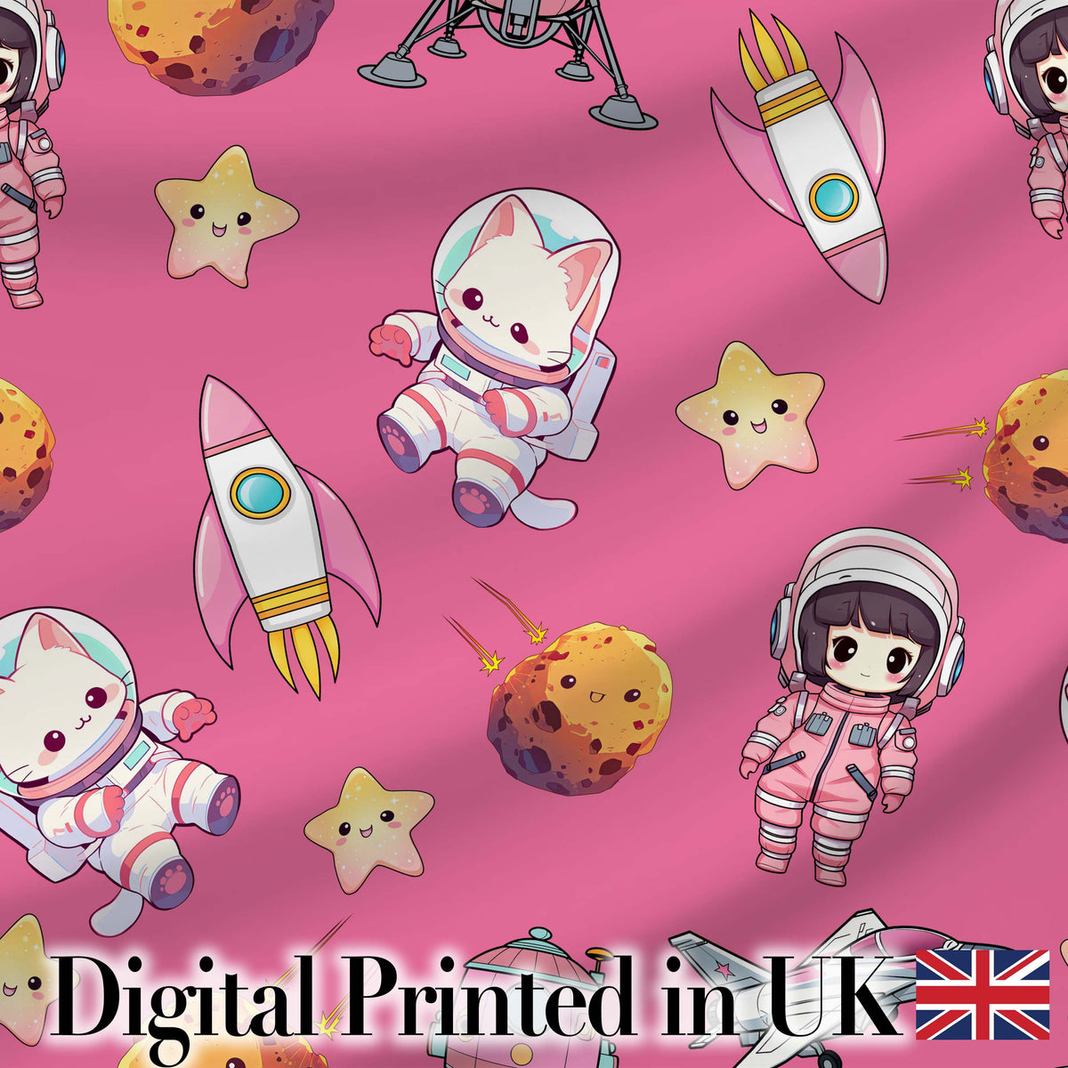 Cat Astronaut Girl Rockets Stars Space Seamless  Pink Background Digital Print Fabric by the Metre UK Sewing Quilting Textile