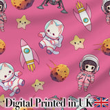 Cat Astronaut Girl Rockets Stars Space Seamless  Pink Background Digital Print Fabric by the Metre UK Sewing Quilting Textile