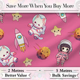 Cat Astronaut Girl Rockets Stars Space Seamless  Pink Background Digital Print Fabric by the Metre UK Sewing Quilting Textile