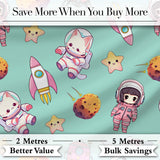 Cat Astronaut Girl Rockets Stars Space Seamless  Mint Background Digital Print Fabric by the Metre UK Sewing Quilting Textile