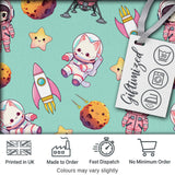 Cat Astronaut Girl Rockets Stars Space Seamless  Mint Background Digital Print Fabric by the Metre UK Sewing Quilting Textile