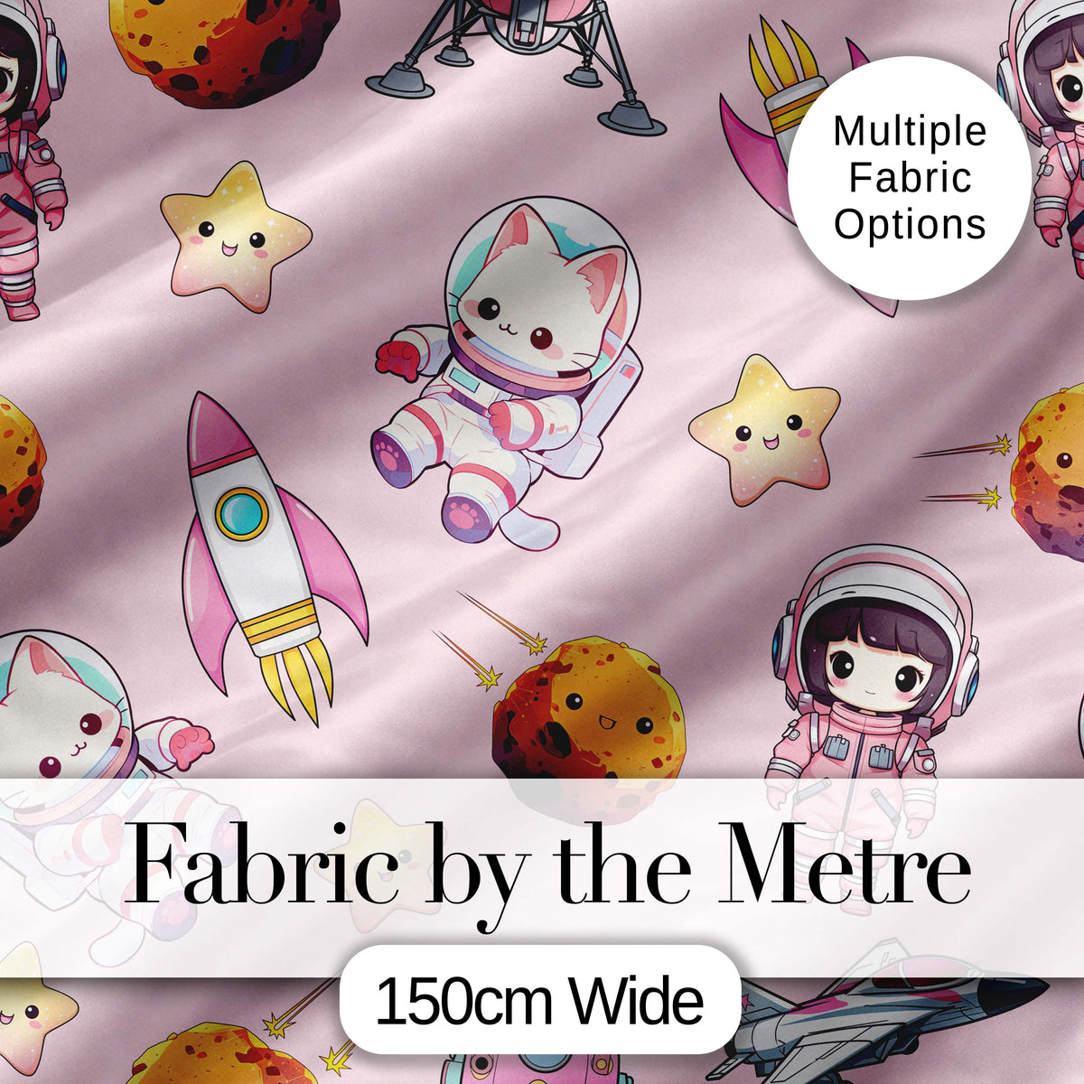 Cat Astronaut Girl Rockets Stars Space Seamless  Light Pink Background Digital Print Fabric by the Metre UK Sewing Quilting Textile