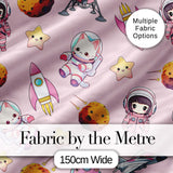 Cat Astronaut Girl Rockets Stars Space Seamless  Light Pink Background Digital Print Fabric by the Metre UK Sewing Quilting Textile