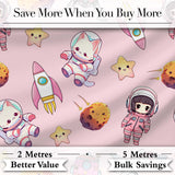 Cat Astronaut Girl Rockets Stars Space Seamless  Light Pink Background Digital Print Fabric by the Metre UK Sewing Quilting Textile