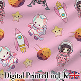 Cat Astronaut Girl Rockets Stars Space Seamless  Dark Pink Background Digital Print Fabric by the Metre UK Sewing Quilting Textile