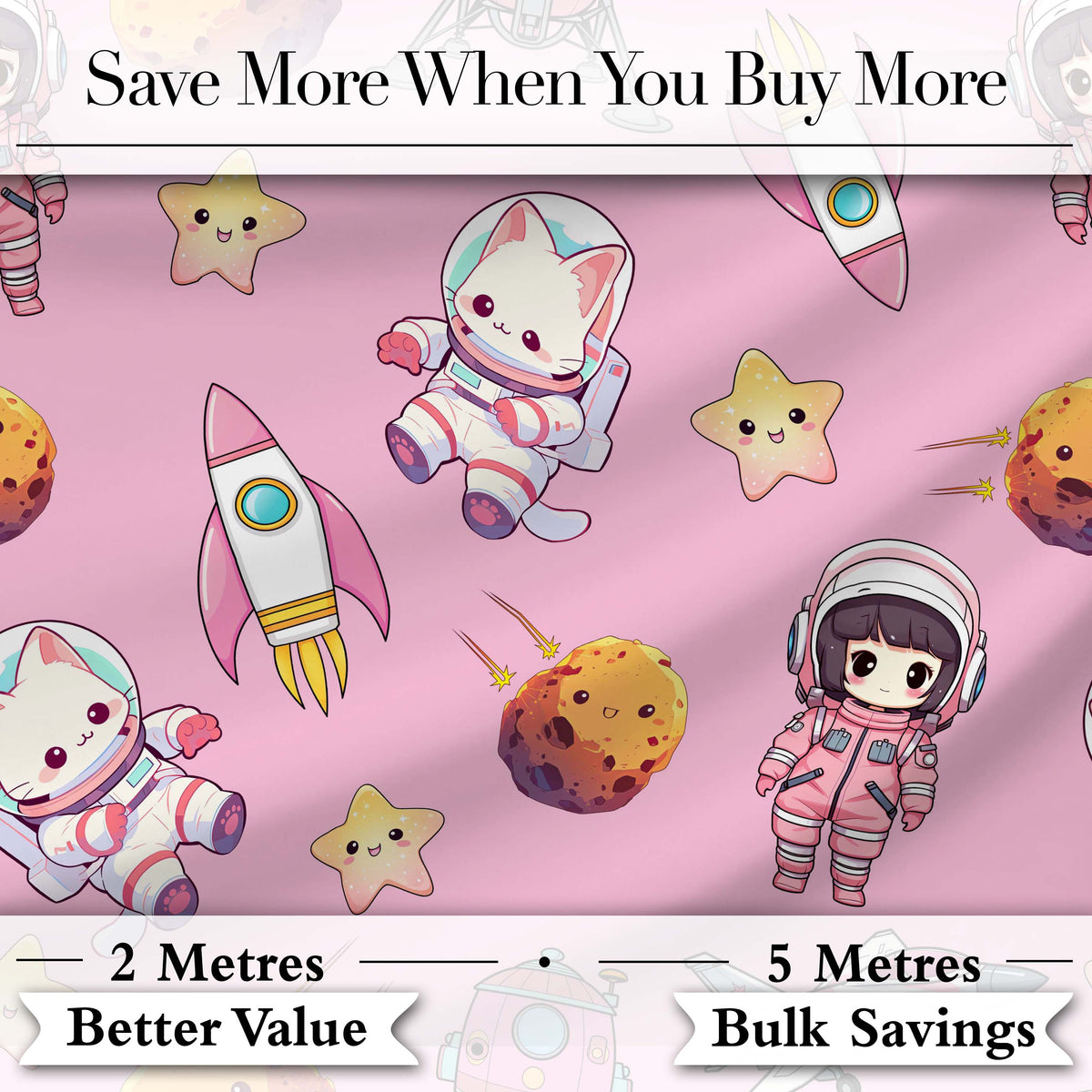 Cat Astronaut Girl Rockets Stars Space Seamless  Dark Pink Background Digital Print Fabric by the Metre UK Sewing Quilting Textile