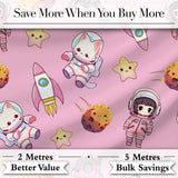 Cat Astronaut Girl Rockets Stars Space Seamless  Dark Pink Background Digital Print Fabric by the Metre UK Sewing Quilting Textile