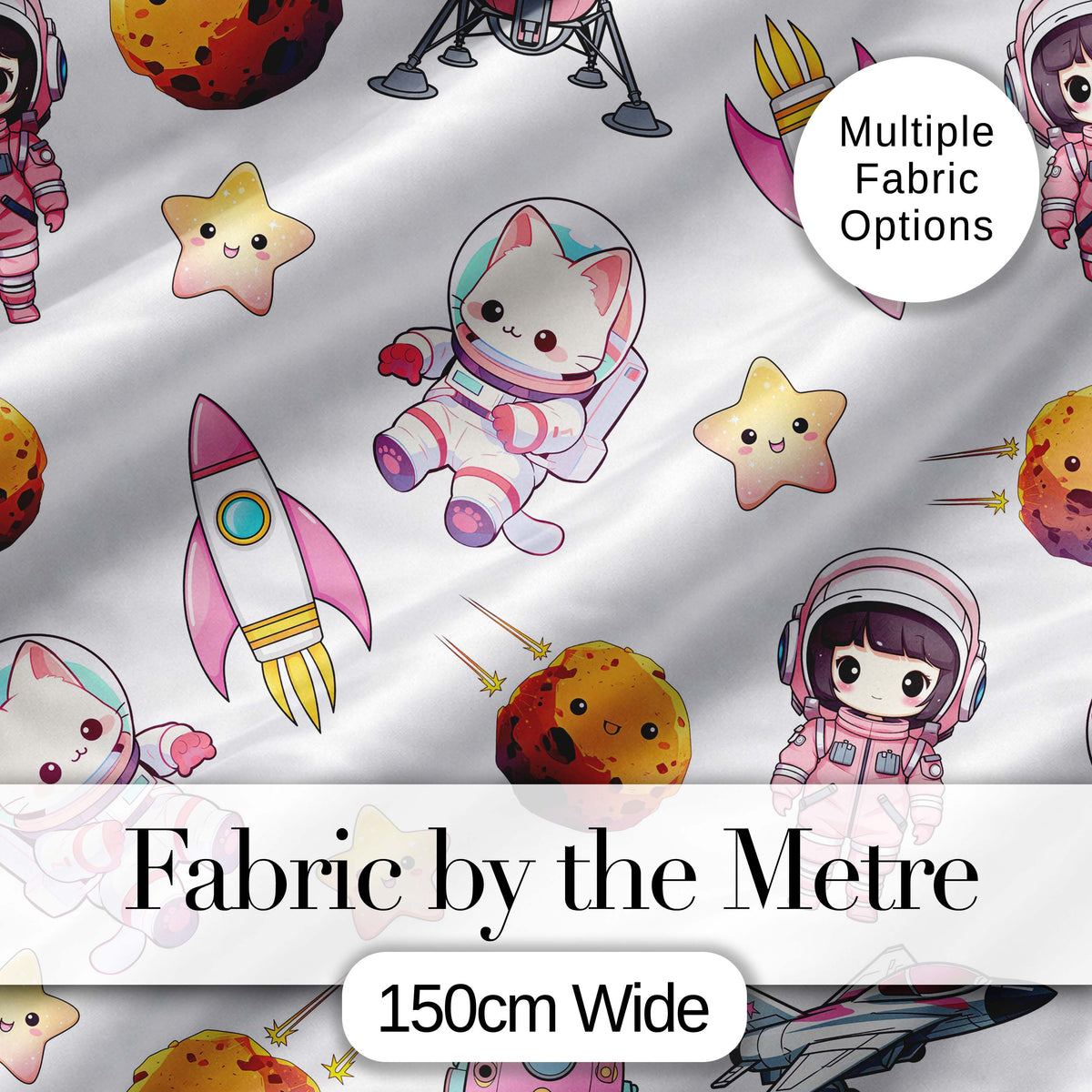Cat Astronaut Girl Rockets Stars Space Seamless  Grey Background Digital Print Fabric by the Metre UK Sewing Quilting Textile