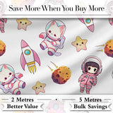 Cat Astronaut Girl Rockets Stars Space Seamless  Grey Background Digital Print Fabric by the Metre UK Sewing Quilting Textile